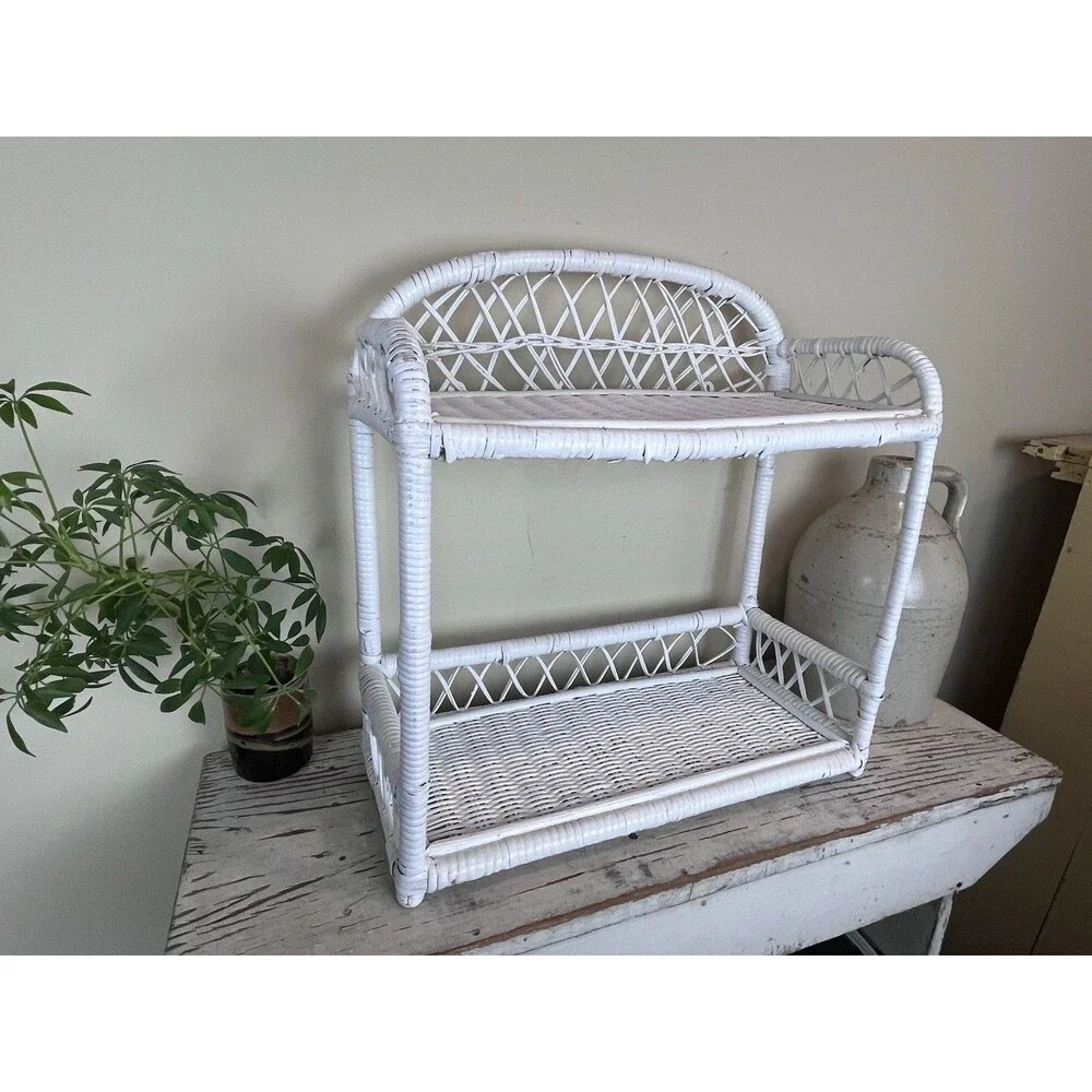 Vintage White Woven Wicker Two Tiered French Style Shelf 18”x18” Retro Boho